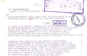 Telegram from the Prime Minister of the Republic of Cuba Fidel Castro to the President of Yugoslavia Josip Broz Tito expressing gratitude for the expressions of sympathy and solidarity with the Cuban people on the occasion of the invasion of Cuba, Havana, April 25, 1961